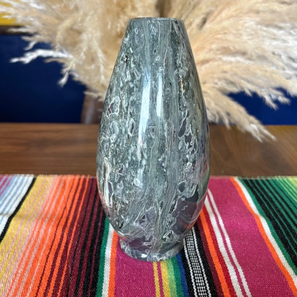 Vintage Green Marbled Stone Bud Vase Hand Carved Polished Onyx Marble 7.5 Inch